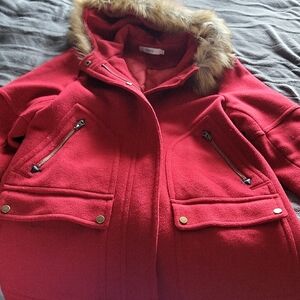 Women's Red Hooded Coat with Faux Fur Trim